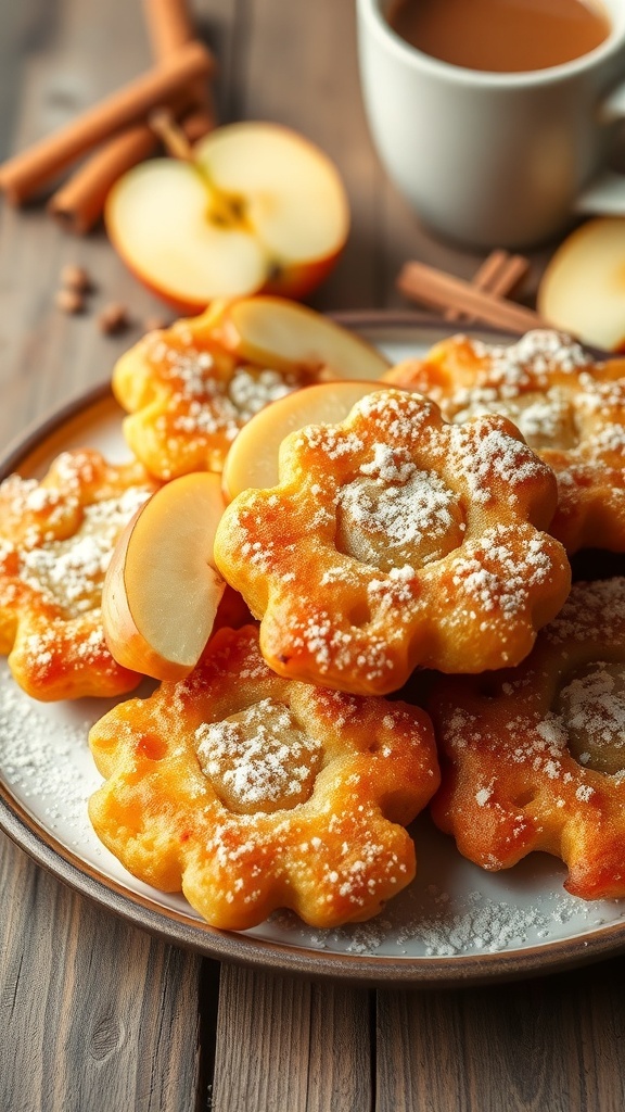 Yeast Apple Fritters Recipe Golden yeast apple fritters dusted with powdered sugar, served with apple slices on a rustic table.
